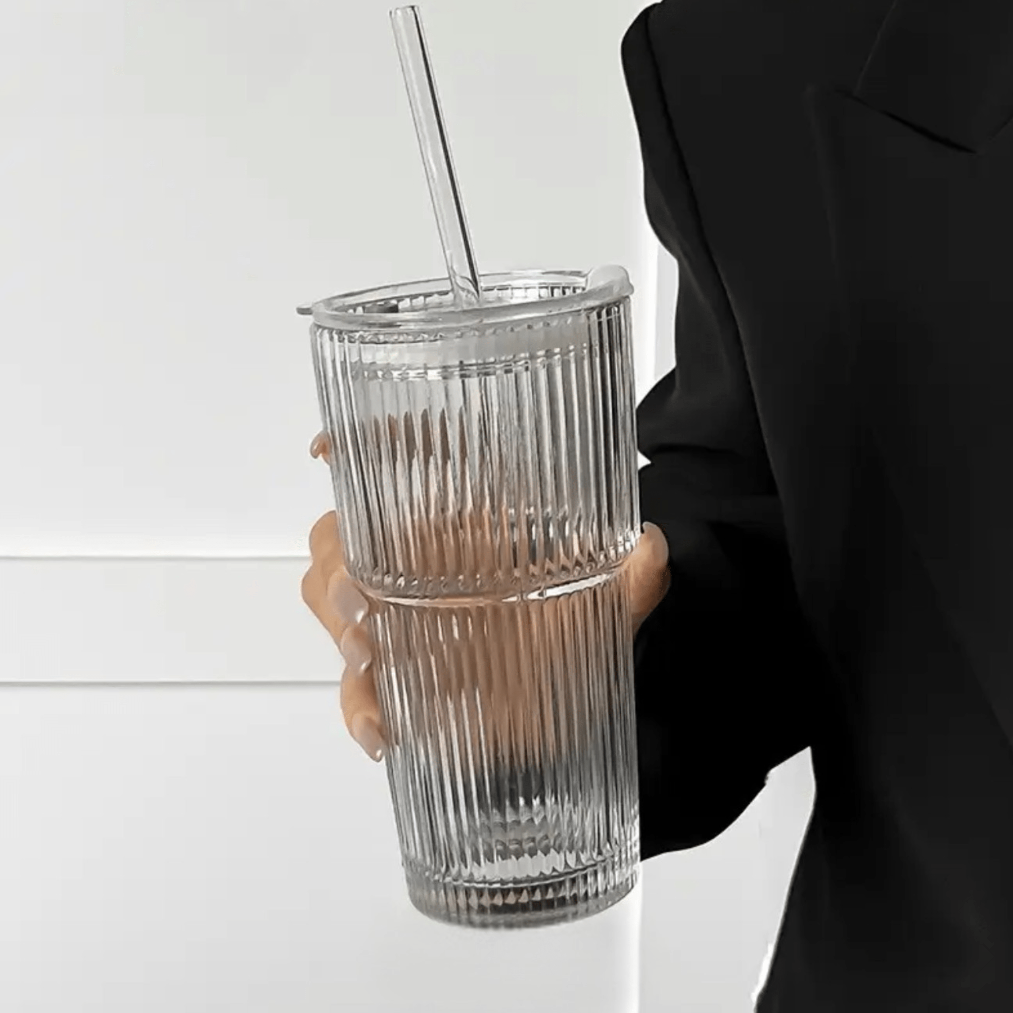 Verre Strié Premium – Avec Couvercle & Paille Transparente - Coffret matcha MizuMood