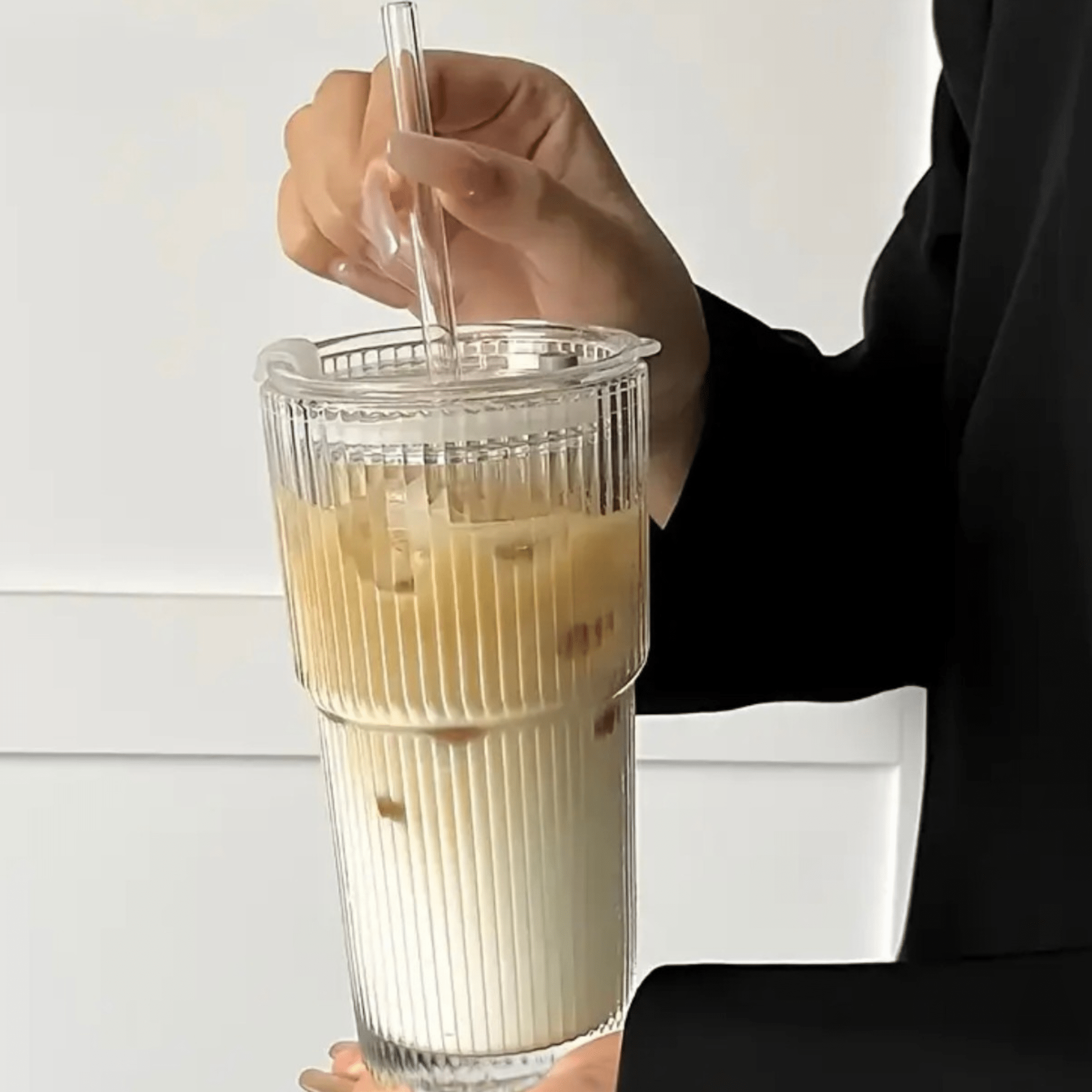 Verre Strié Premium – Avec Couvercle & Paille Transparente - Coffret matcha MizuMood